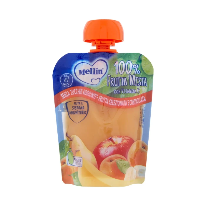 MELLIN Merenda di Frutta 100% Frutta Mista con Mela, Pera, Banana, Albicocca Pouch 90 g